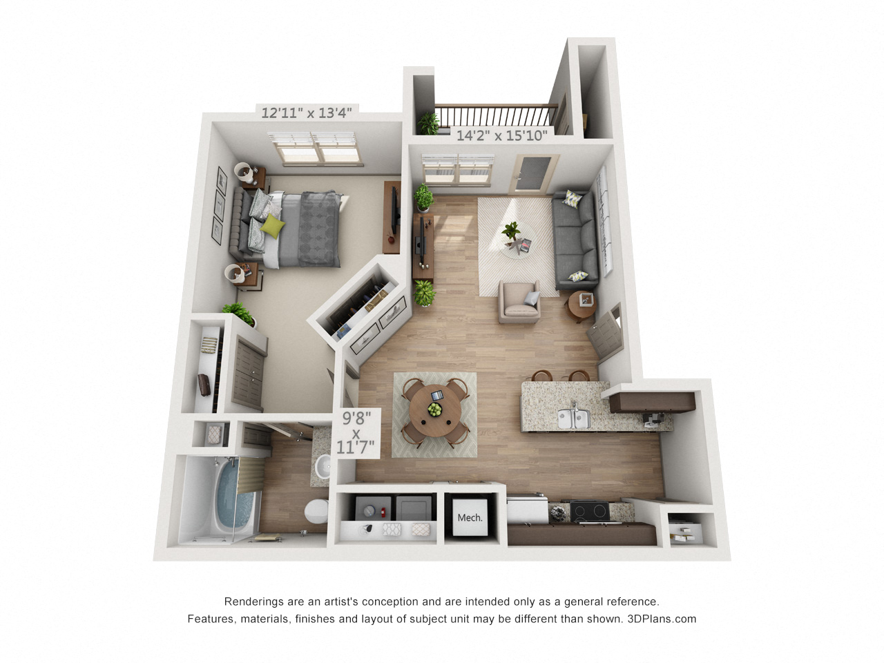 Floor plan for 1 bed, 1 bath, 748 sqft